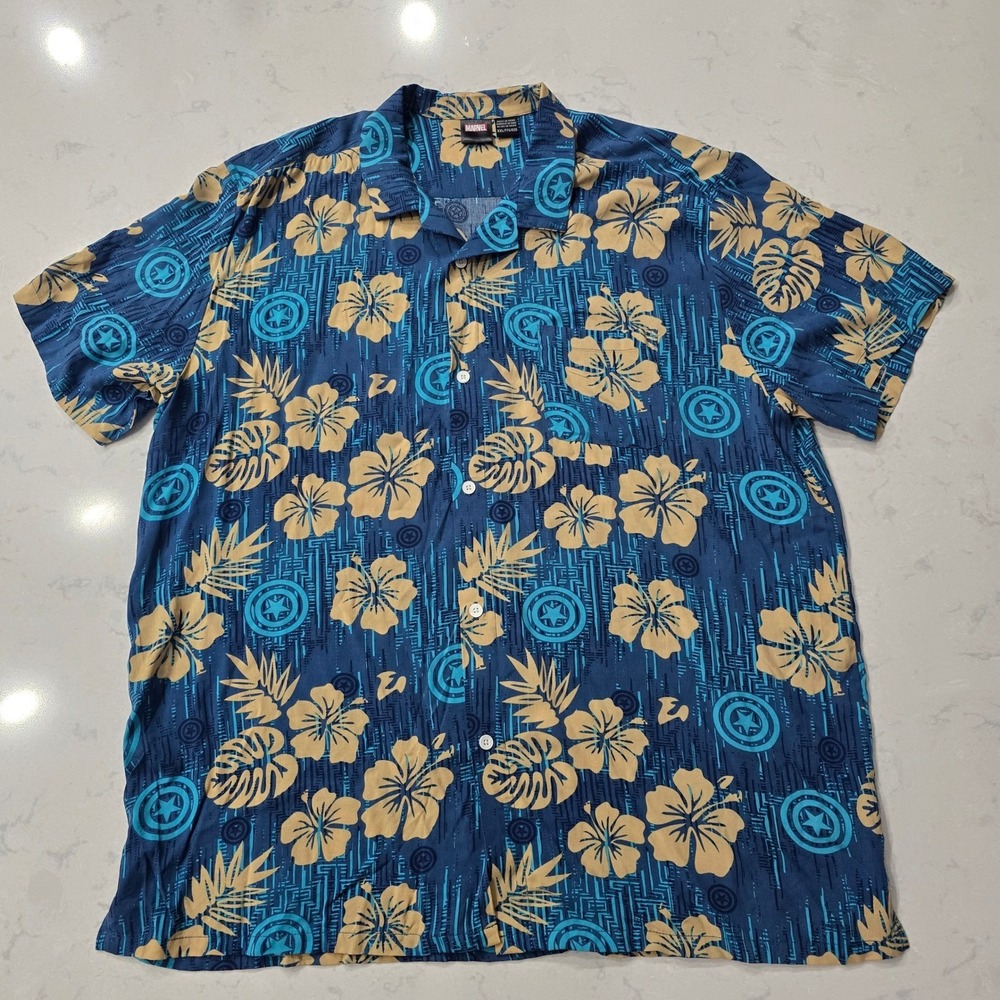 Marvel Captain America Mens XXL Blue Floral Shield Rayon Button Down Camp Shirt